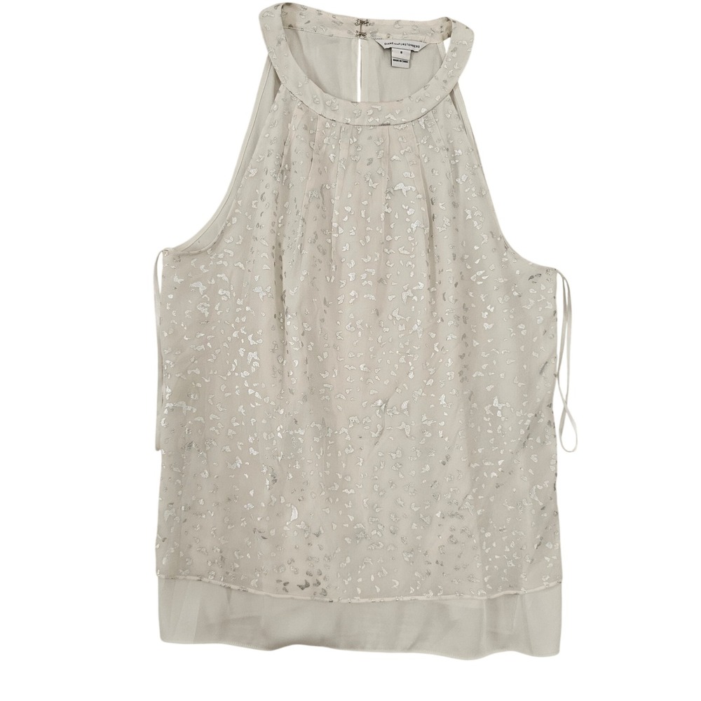 Diane von Furstenberg Cream Silver Metallic Foil Halter Blouse Top Size 8